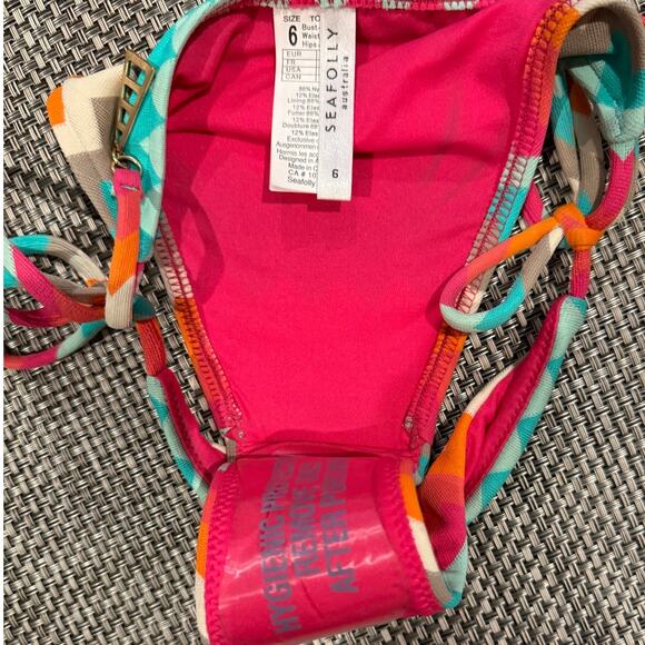 SEAFOLLY NWOT Soundwave Multi-color Zig Zag Chevron Tie Side Bikini Bottoms US 2 - Picture 3 of 4